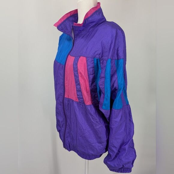 Vintage 90s Bocco Purple Pink Blue Zip-Up Collared Track Jacket Windbreaker XL - Picture 4 of 8